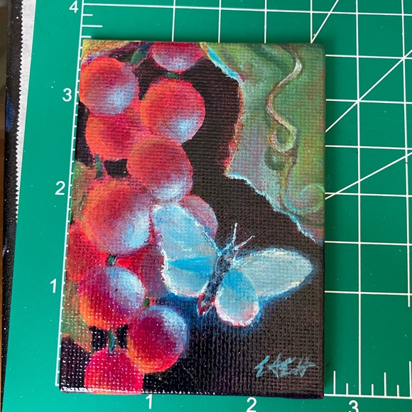 ⭕️ SOLD Original painting blue butterfly purple grapes artwork artist direct - Picture 5 of 6